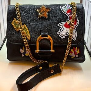 Black leather Sam Edelman Beaded appliqué designer handbag